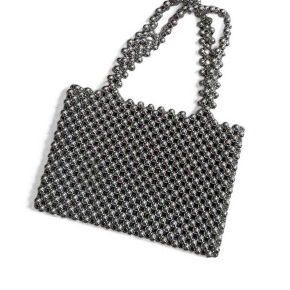 ASOS Metallic Beaded Whimsigoth Silver Pearl Evening Shoulder Purse